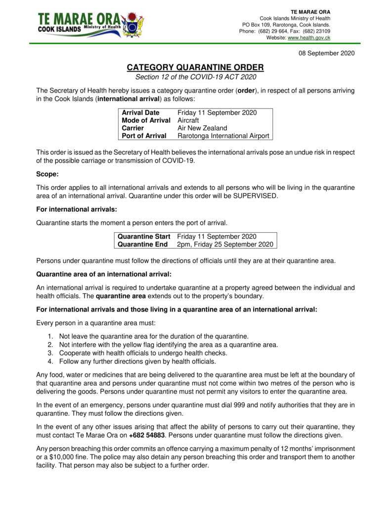 Category Quarantine Order international arrivals 11 September 2020